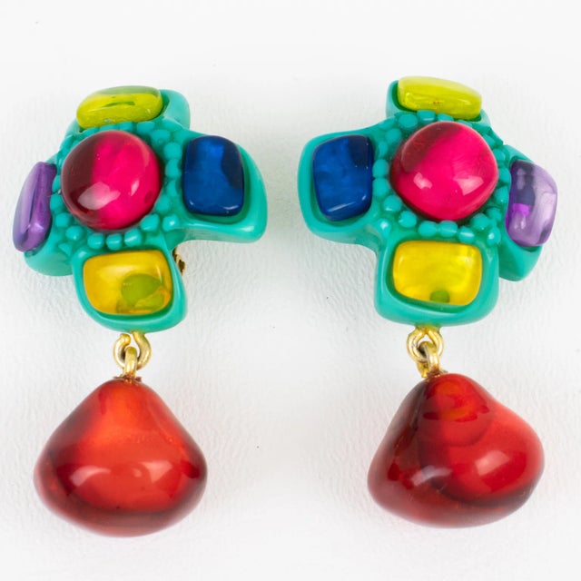 Contemporary Dominique Denaive Turquoise and Multicolor Resin Clip Earrings - 2 Pieces For Sale - Image 3 of 6