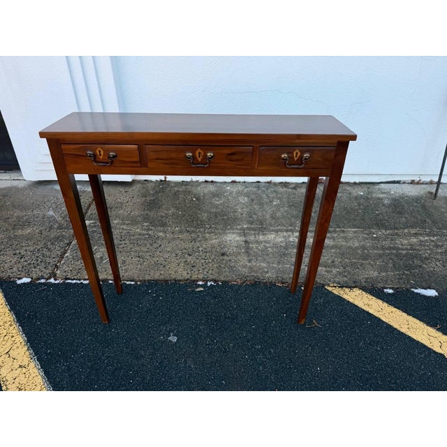 Late 20th Century Custom Made Mahogany Hepplewhite Style 3 Drawer Console Table For Sale - Image 11 of 18
