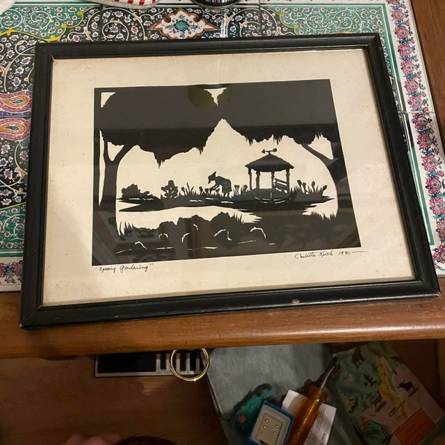 Wood 1990s Woman Gardening Silhouette in Black Frame For Sale - Image 7 of 7