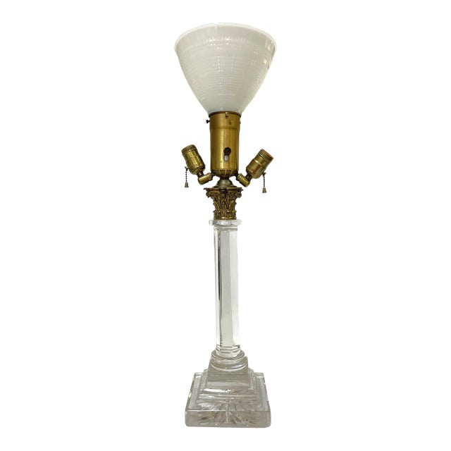 Antique Hollywood Regency Lead Crystal, Brass and Milk Glass Converted Gas Lamp For Sale