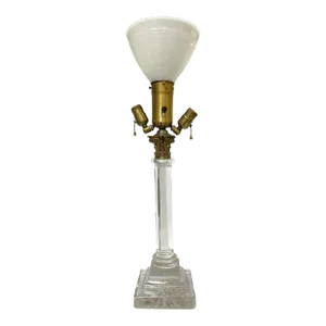 Antique Hollywood Regency Lead Crystal, Brass and Milk Glass Converted Gas Lamp