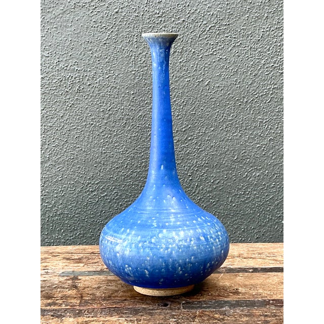Late 20th Century Vintage Tall Blue Ceramic Vase For Sale - Image 5 of 12