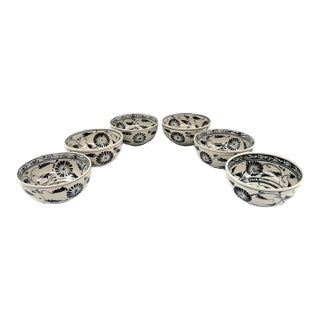 Set of 6 Bat Trang Blue Vietnamese Stoneware Ceramic With Hand Painted Floral Motif For Sale