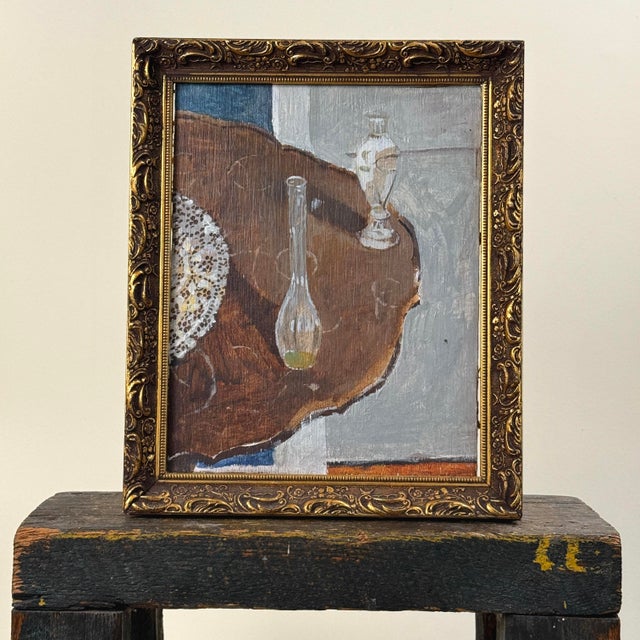 Artist: Jimmy Bellew (American) Title: Expressionist Still Life with Glass Medium: Oil on board Dimensions: 11.7" H x 9.7"...