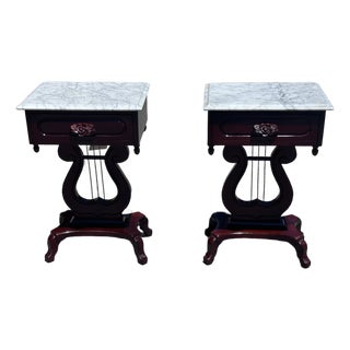 Pair of Vintage Kimball Marble Top Lyre Pedestal End Tables For Sale