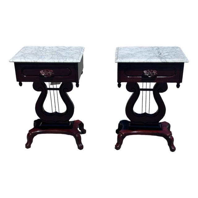 Pair of Vintage Kimball Marble Top Lyre Pedestal End Tables For Sale