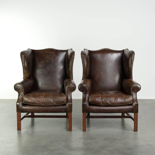 Large English Dark Cognac-colored Cowhide Leather Wing Armchairs, Set of 2 For Sale - Image 14 of 14