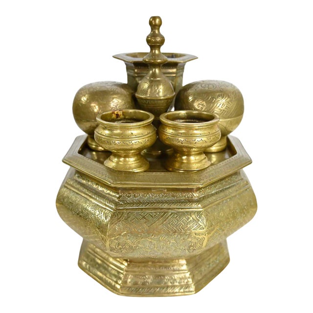 Vintage Objet d'Art East Java Indonesian Brass Tepak Sireh Betel Nut Set 7 Pieces For Sale