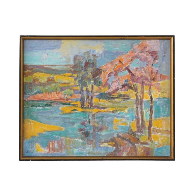 Mid 20th Century Lake Landscape Oil Painting For Sale