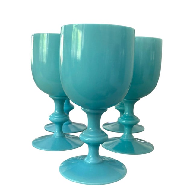 1940s Vintage Portieux Vallerysthal Turquoise Opaline Glass Goblets, France C. 1930s-40s - Set of 5 For Sale - Image 5 of 7