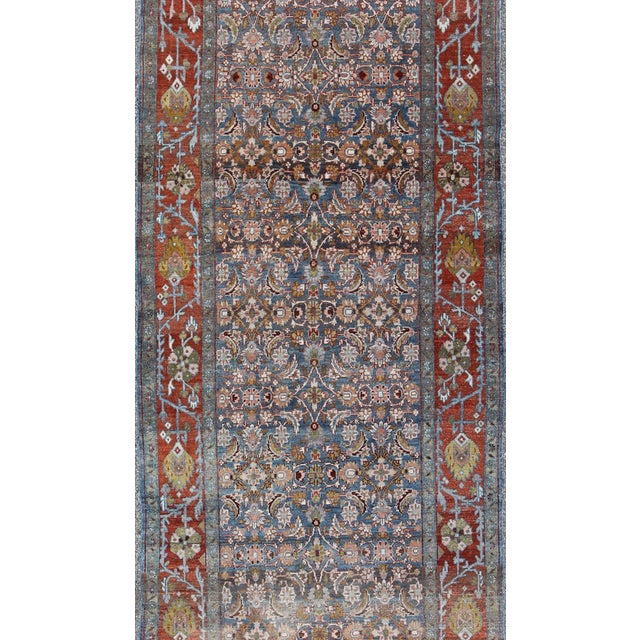 Antique Persian Malayer Gallery Runner With Allover Floral Motifs in Faded Blue For Sale - Image 4 of 12