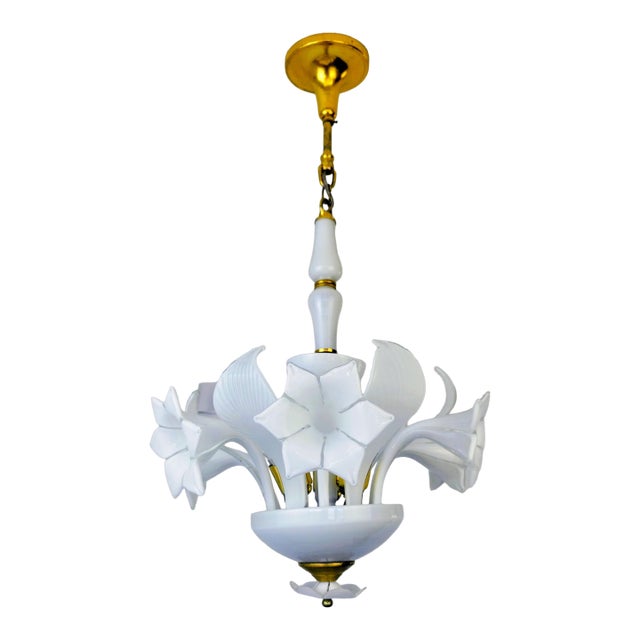 Vintage Italian White Murano Styled Calla Lilly Chandelier Brass Lighting 1970s For Sale