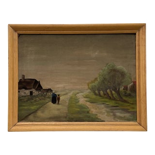 Early 20th Century Vintage French Country "Moody Landscape" Framed Original Oil Painting For Sale