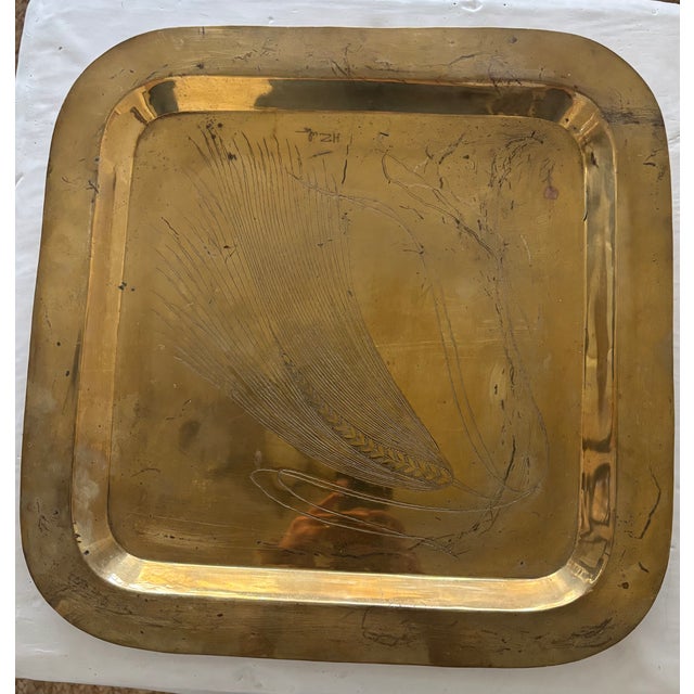 Large Mid-Century Modern Solid Brass Square Wheat Engraved Tray - Signed For Sale - Image 11 of 17