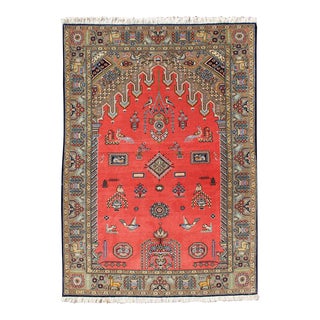 Vintage Fine Persian Qum Prayer Rug With Soft Red Field in Mihrab Design For Sale