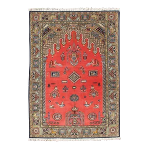 Vintage Fine Persian Qum Prayer Rug With Soft Red Field in Mihrab Design