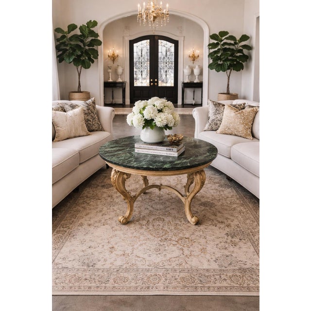 Late 20th Century Hollywood Regency Round Green Marble Top Center Table With Gilt Scroll Base For Sale - Image 4 of 9