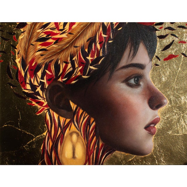 Truth by Andrada Trapnell | Oil and Gold Foil on Board Portrait of a woman with a decorative headdress. For Sale
