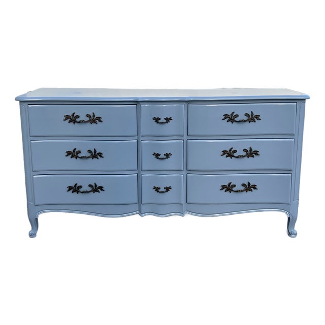 1970s French Provincial Blue Gray Lacquered Dresser of Twelve Drawers For Sale