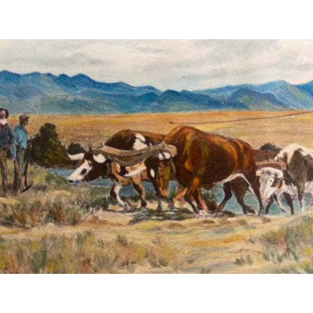 Textile Vintage Western Pioneer Wagon Train Landscape Painting, Signed, Oregon Trail Americana. For Sale - Image 7 of 10