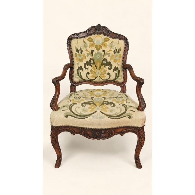 18th Century Louis XV Cabriolet Armchair in Carved Walnut with Petit Point Tapestry For Sale - Image 3 of 8