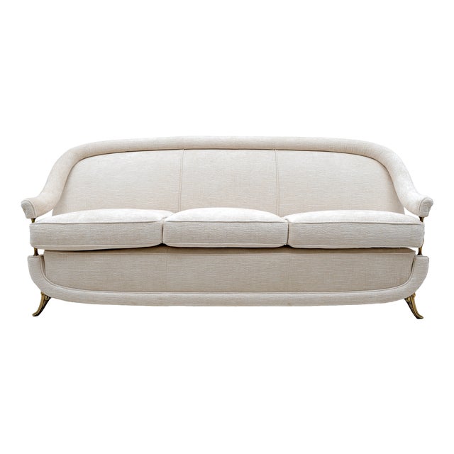 Mid-Century French Art Deco Style Sofa with Brass Details, 1950s For Sale
