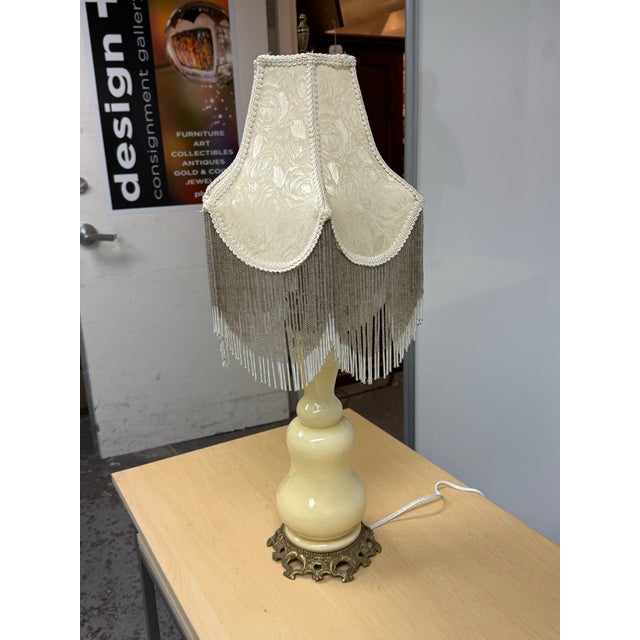 Victorian Vintage Porcelain Table Lamp With Victorian Beaded Fringe Lamp Shade For Sale - Image 3 of 12