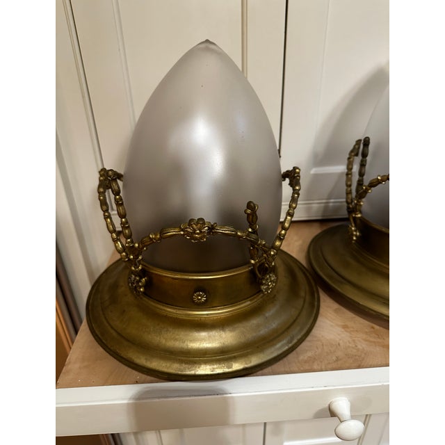 1930s Pair of Large Vintage Brass and Glass Ceiling Fixtures For Sale - Image 5 of 7