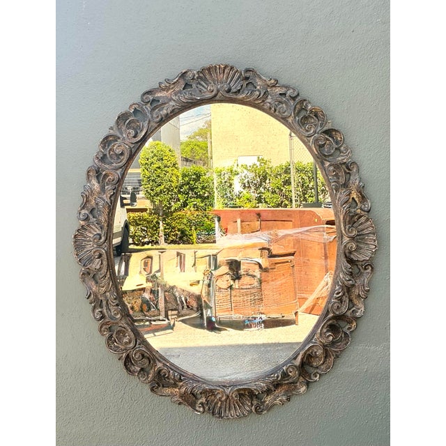 French Provincial Vintage Carved Wood Oval Mirror For Sale - Image 3 of 12
