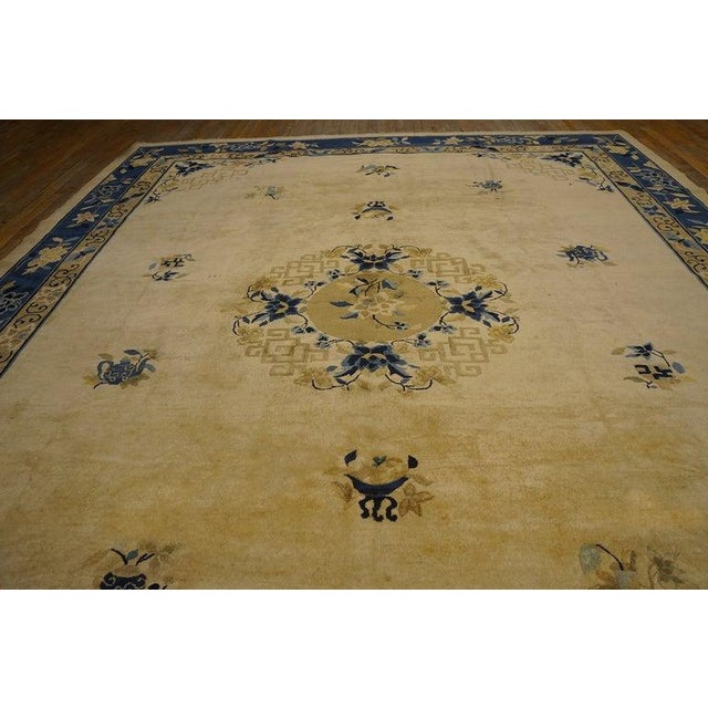 Textile 1920s Beige Field Antique Chinese Peking Floral Medallion Oriental Wool Rug For Sale - Image 7 of 11