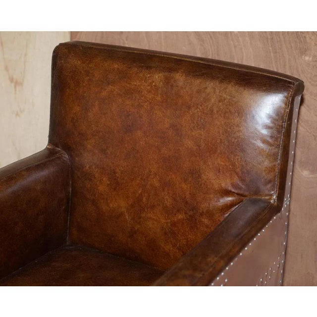 Hand Dyed Brown Leather Aviator Hammered Metal Swivel Captains Armchair For Sale - Image 6 of 18