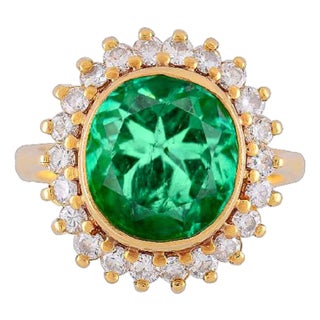 Gia Certified 4.3 Carat Colombian Emerald 18k Gold Button Sunburst Ring, Size 7.5 For Sale