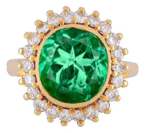 Gia Certified 4.3 Carat Colombian Emerald 18k Gold Button Sunburst Ring, Size 7.5
