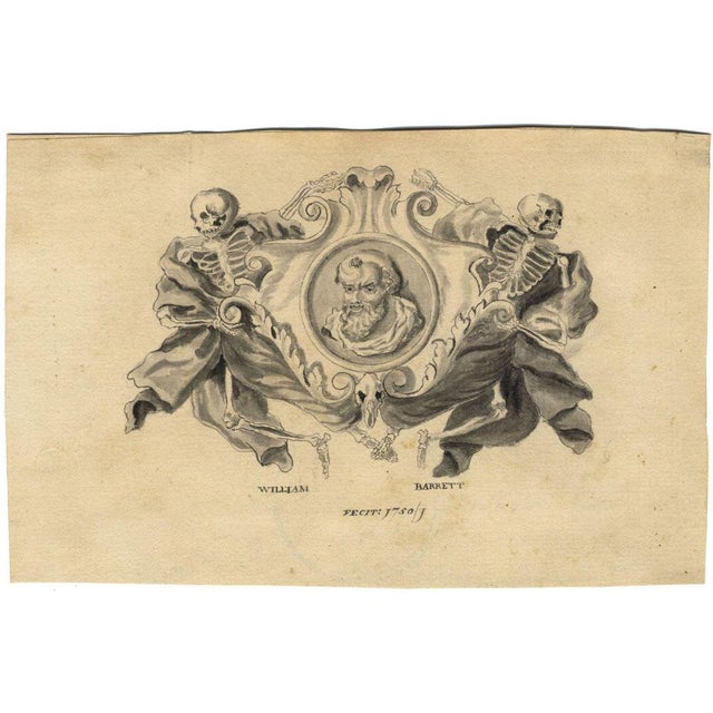 An original 1750 watercolour painting, William Barrett, Socrates Memento Mori Cartouche Design.This unusual cartouche...