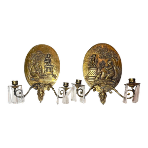 Pair Antique Ornate Bronze Crystal Wall Relief Candle Holders Fixtures Sconces