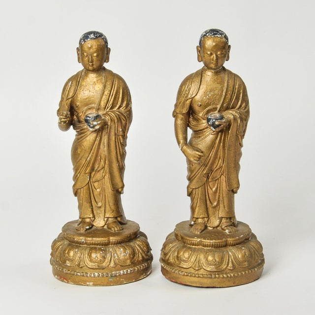 Asian Antique Pair of Gilded Buddhist Monk Figures For Sale - Image 3 of 17