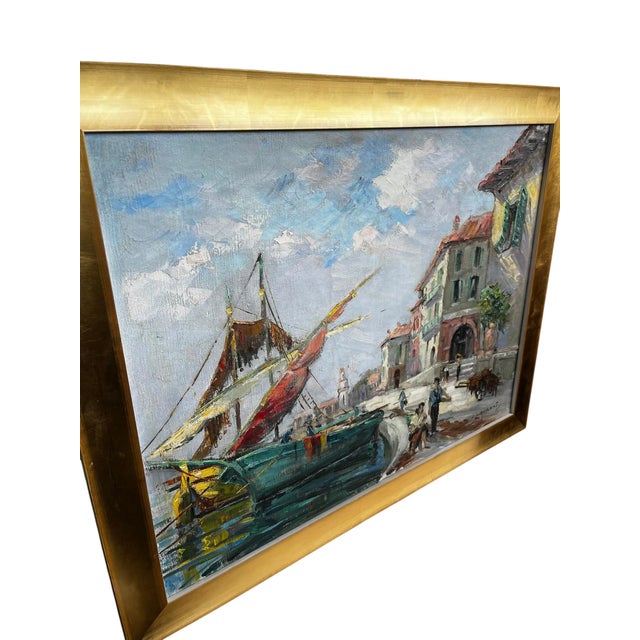Bright Green French Harbor Scene Painting, Circa 1950-1970 For Sale - Image 8 of 8