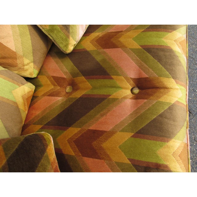 Wood Vintage Thayer Coggin Style Loveseat With Bold Geometric Velvet Upholstery For Sale - Image 7 of 13