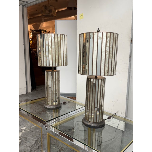 Art Deco Ken Fulk Art Deco Inspired Antiqued Mirrored + Bronze-Tone Metal Table Lamps, Pair For Sale - Image 3 of 12