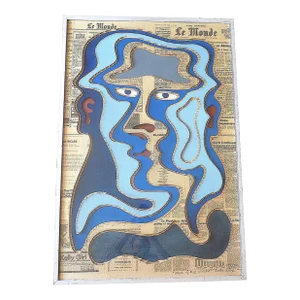 Original Vintage Kostas Alex 1975 Signed, Titled, Dated & Framed Modern Absurdist "Man of the World" Mixed Media Collage