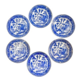 Antique Blue Willow Butter Pat Plates – Chinoiserie Blue & White – Set of 6 For Sale