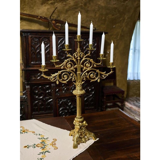 19th Century Neo-Gothic Brass Candlesticks, Set of 2 For Sale - Image 10 of 12