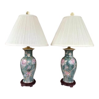Pair of 1970s Chinoiserie Style Porcelain Lamps in a Steel Gray Blue For Sale