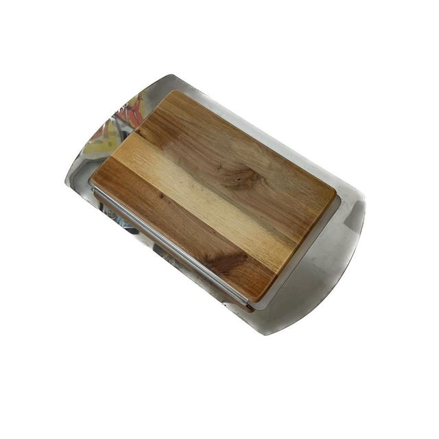 2000 - 2009 Nambé Mikko Serving Tray (19") – Acacia Wood and Sculptural Stainless Steel – Steve Cozzolino For Sale - Image 5 of 5