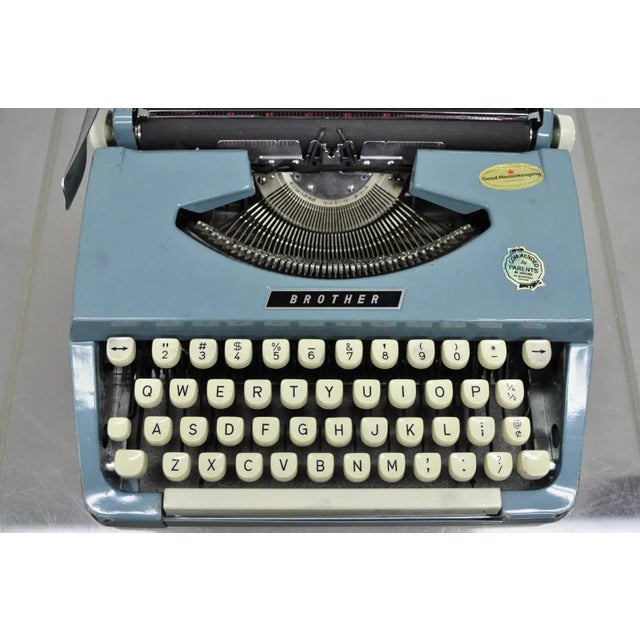 Vintage Brother Webster Xl-747 Portable Typewriter Baby Blue With Metal Case For Sale - Image 4 of 12
