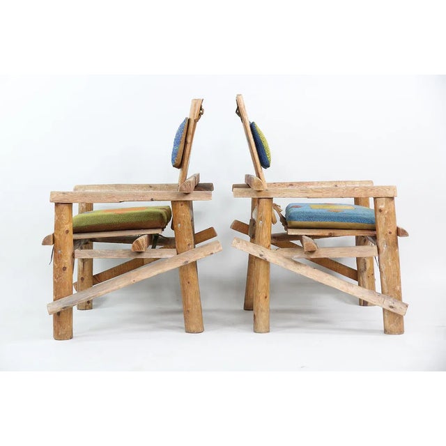 Rustic Primitive Adirondack Captain's Chairs - Pair With Woven Geometric Cushions For Sale - Image 3 of 11