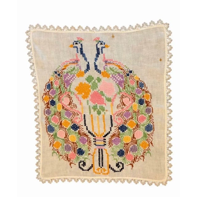 Art Nouveau Vintage Peacock Embroidered Tapestry Art Cloth Panel For Sale - Image 3 of 10