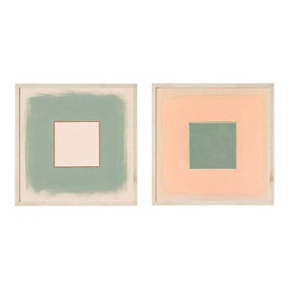 Pair of Sage Green, Pale Pink and Peach Abstract Art Prints | Set of 2, 36 X 36 Prints in Wood Frames For Sale