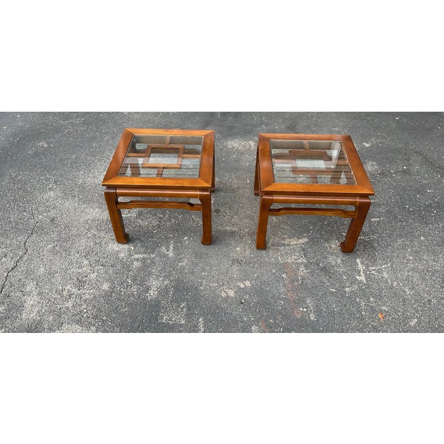 Pair of Mid 20th century Chinese Chippendale Elegance – Vintage Hardwood & Beveled Glass End Tables For Sale - Image 10 of 12