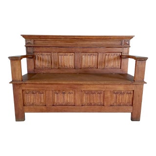 Elaborate and English Oak Box Settle Bench Early 20th Century For Sale
